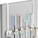 Lorbro Broom Holder Door Mount, Over the Door Broom and Mop Holder with 2 Over Door Hooks, Wood Broom Hanger, Tool Rack Organizer for Laundry, Garage, Closet, Kitchen Decor, 4 Slots & 4 Hooks Rustic (White)