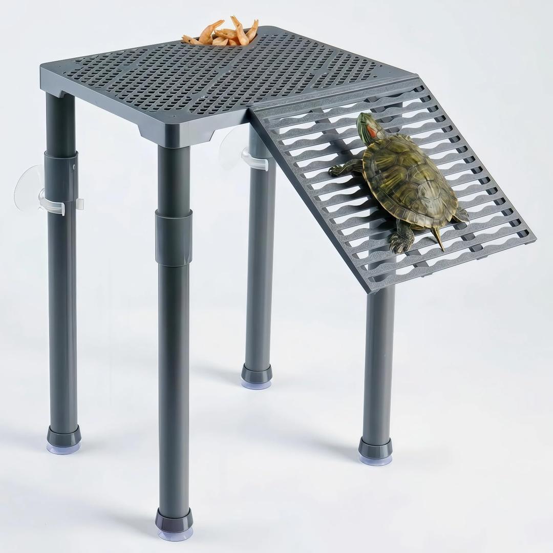 SolidForm Turtle Basking Platform with Ramp, Built-in Food Tray, Zero Zip-Tied, Non-Slip Ramp, 2 Adjustable Height Turtles Dock, for 2575 Gallon Aquariums(11-in Width) Turtle Tank Accessories