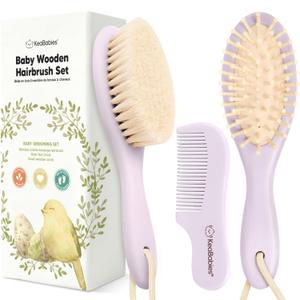 Baby Hair Brush Set for Newborns - Soft Goat Bristle Wooden Baby Brush and Comb Set Newborn Grooming Kit for Cradle Cap, Durable & Gentle, Boy, Girl Infant Essentials Care Kit (Regular, Thistle)