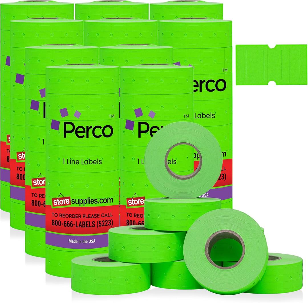 Perco 1 Line Fluorescent Green Labels - 80 Rolls, 10 Sleeves, 80,000 Blank Price and Date Gun Labels for Perco 1 Line Price and Date Guns - Made in USA