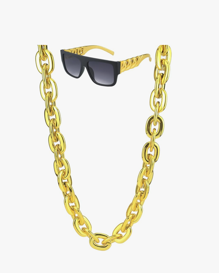 40inch/101cm Big Chunky Fake Gold Chain with Twist Leg Punk Sunglasses, Hip Hop Rapper Costume Plastic Jewelry Necklace, 2Pack 80s 90s Party Costume Accessory for Men Women