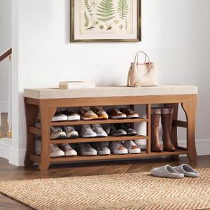 PETKABOO 39.4" Shoe Storage Bench with Cushion, 3-Tier Shoe Rack Bench with Adjustable Shelf, 400 LB Capacity, Boot Storage Compartment, Shoe Organizer for Entryway, Hallway, Bedroom, Closet