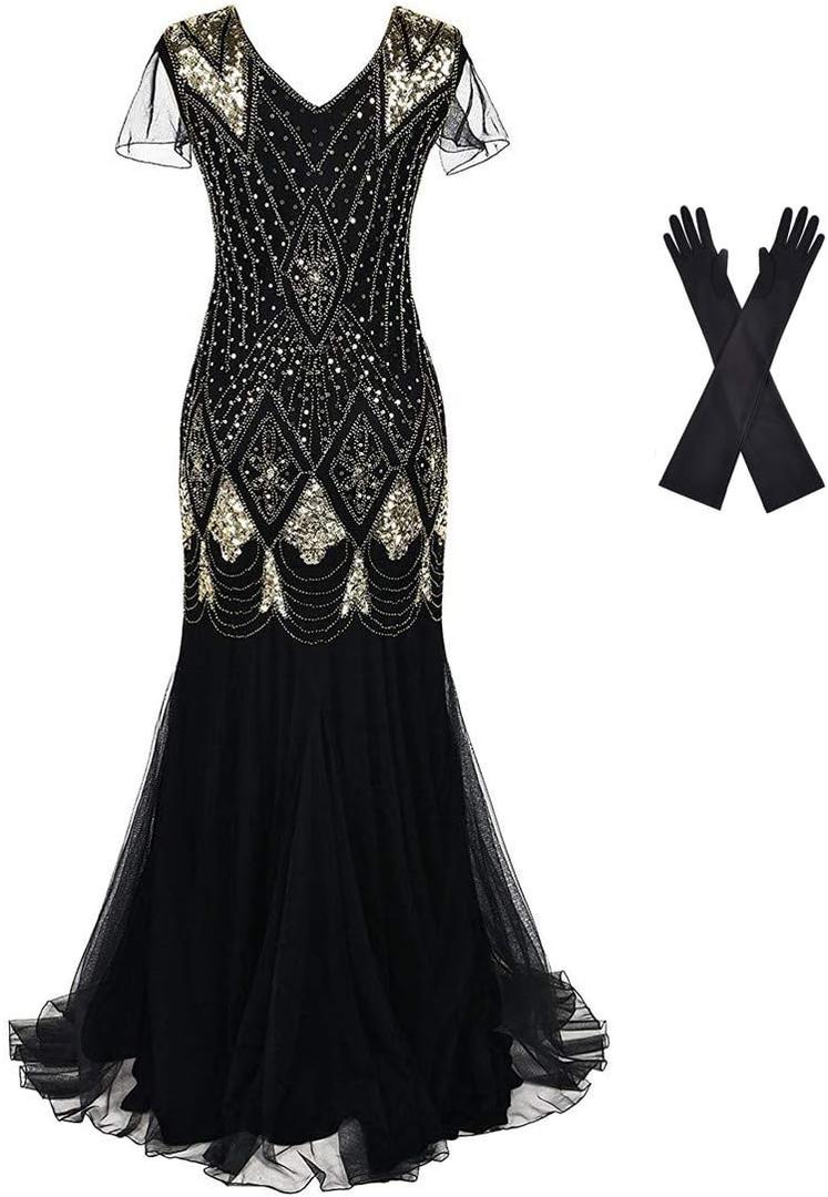 Women Evening Dress 1920s Flapper Cocktail Mermaid Plus Size Formal Gown with Long Gloves (Black Gold, 3XL)