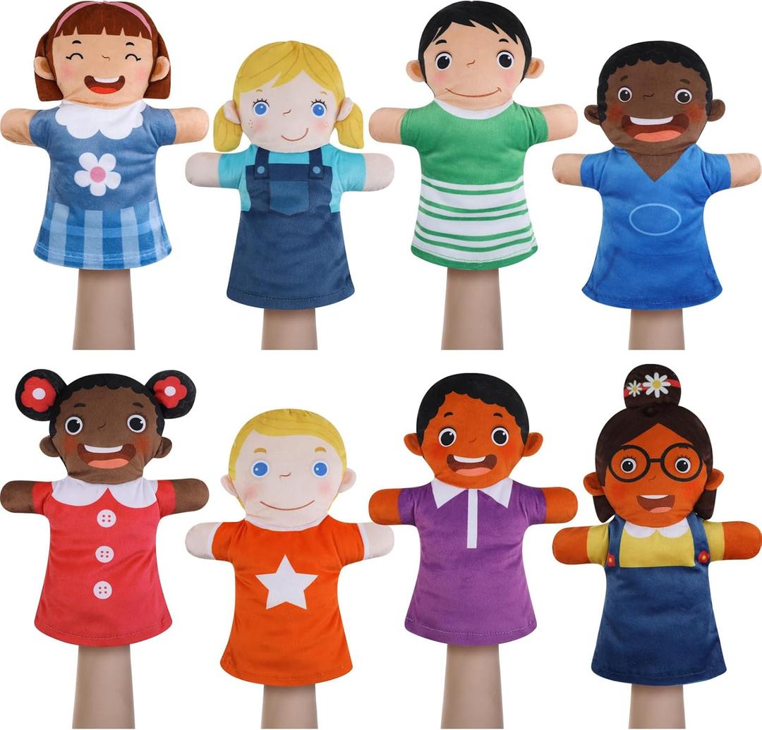 Poen 8 Pcs Hand Puppets Set for Kids Multicultural Hand Puppets Bulk Soft Plush for Toddlers Learning Interaction Suitable for Home Daycare School Classroom Role Play Fantoccini Theater Shows(Smile)