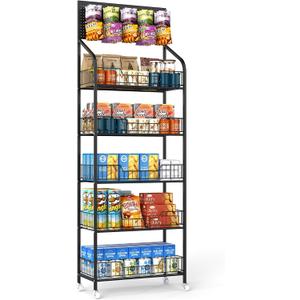 Retail Snack Display Stand,5-Tier Black Metal Storage Shelf Brackets with Wheels & Hooks,Metal Storage Shelves Heavy Duty, Retail Display Shelves Racks,Snack Organizer Stand Display Supplies, 67 inches x 23.6 inches x 10.6 inches
