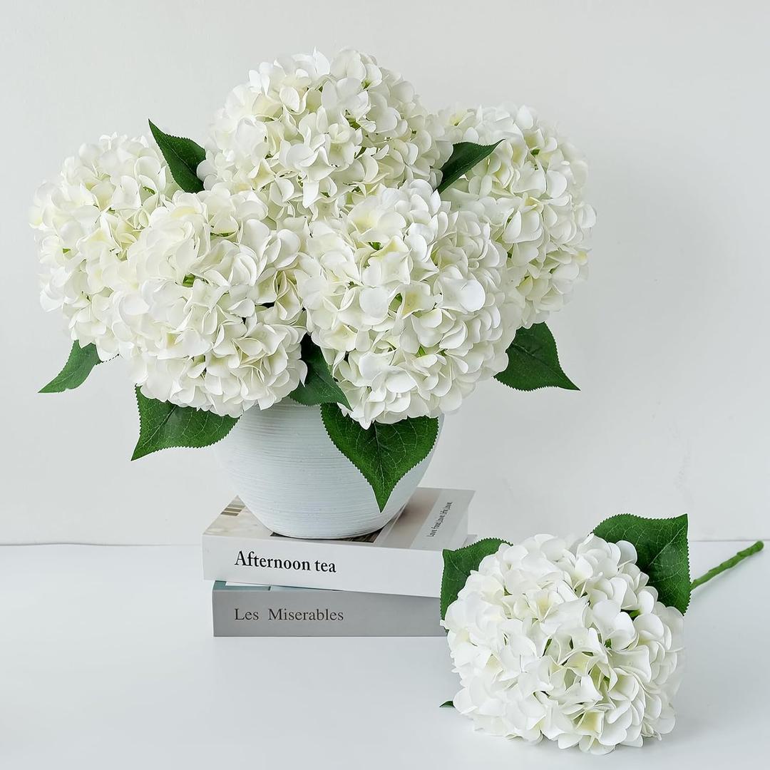 5 Pcs White Silk Hydrangeas Artificial Flower Boho 20'' Faux Dried Touch Hydrangeas for Spring Indoor Home Decor Kitchen Living Room Porch Outdoor Wedding Flower Arrangement