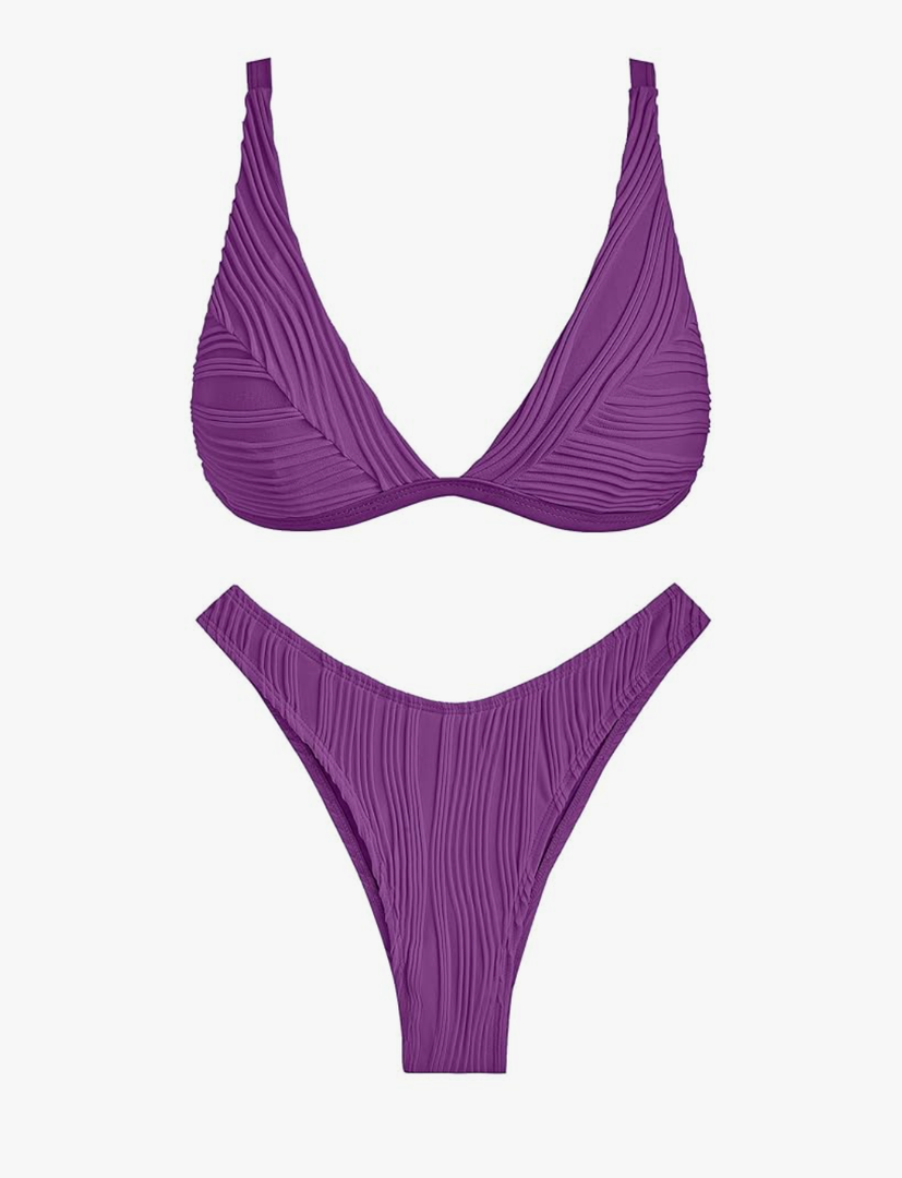 ZAFUL Bikini Sets for Women Triangle Textured Plunging High Cut Cheeky Bikini Swimsuits Two Piece Bathing Suits, S