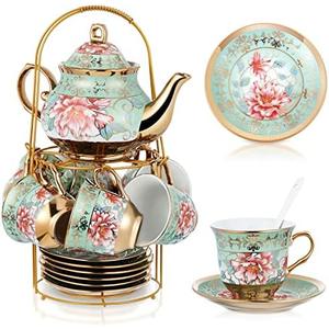 Zhehao 20 Pcs Porcelain Tea Set with Metal Holder and Spoon Adult Ceramic Tea Set European Flower Painting Teapot Cup Saucer Spoon for Women, Large Version(Fresh Style): Tea Sets
