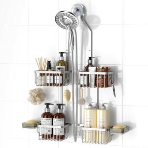 REINHARDT Aluminum Shower Caddy Hanging Adjustable Shower Caddy, Rustproof Hanging Shower Organizer with Hooks Soap Holders, Over Shower Head Caddy for Handheld Showerhead, Silver (22.4''-26.4'')