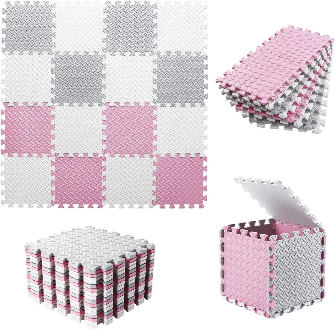 Foam Play Mat for Baby, 0.4 Inch Thick Foam Interlocking Floor Mats, Soft Non-Toxic Baby Playmat, Solid Colored Puzzle Play Mat Kids Floor Mats for Toddler, 16 Tiles(White/Light Gray/Pink) (White/Light Gray/Pink)