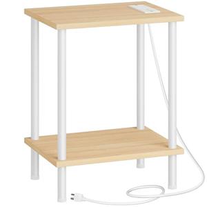 HOOBRO Side Table with Charging Station, End Table with USB Port and Outlet, Nightstand with 2-Layer Storage Shelves for Small Spaces, Living Room, Bedroom, Stable Frame, Natural and White WN09UBZ01