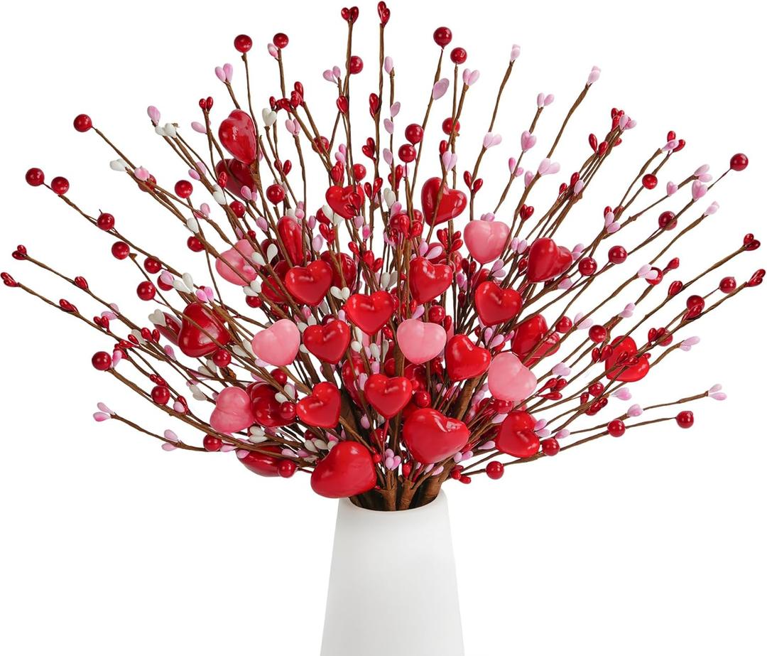 Childom Valentines Decorations,6 Pcs Artificial Flowers Heart Picks with Berries Red Pink Flowers for Valentines Tree Mothers Day Decorations for Home Office Room Table Anniversary Party Decor