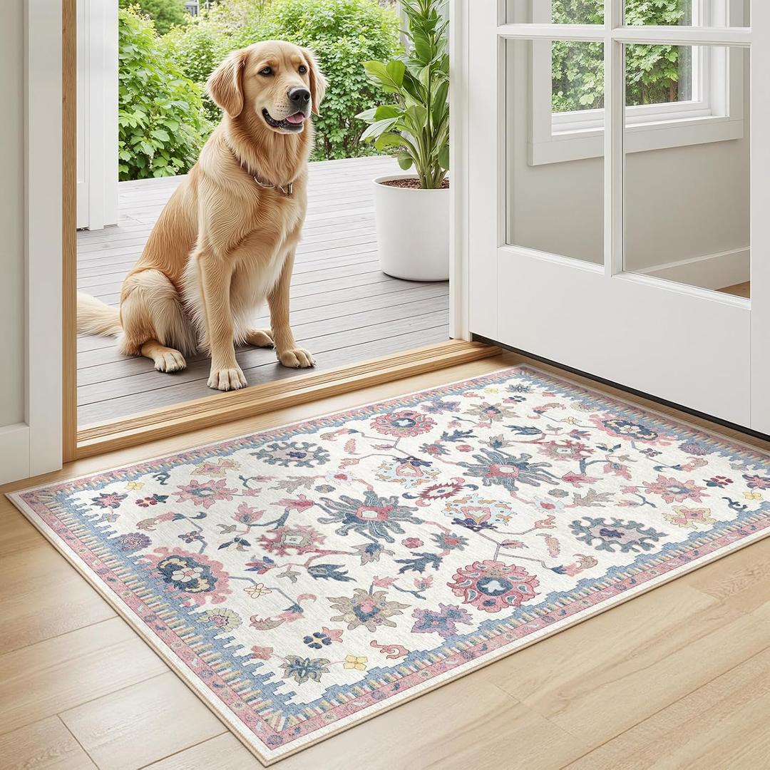 2x3 Washable Entryway Rug- Modern Oushak Rug Vintage Floral Carpet for Bedroom Non-Slip Low Pile Soft Machine Washable Doormat for Indoor Entrance, Laundry, Kitchen, Bathroom (2'x3', Pink and Blue)