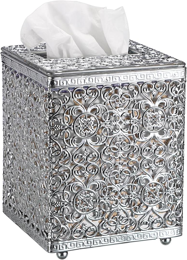 Sumnacon Tissue Box Cover Square Tissue Box with Lid, Metal Tissue Box Holder Stylish Tissue Cover Cube Tissue Box Cover for Bathroom Toilet Kitchen Table Desk Home Office, Silver