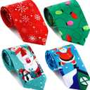 Syhood 4 Pcs Christmas Tie for Men Holiday Season Party Christmas Tree Snowflake Tie Elk Santa Light String Pattern Necktie