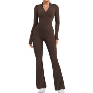 YEOREO Women Long Sleeve Flare Workout Jumpsuit Zip Up Romper Bottom Pants Wide Leg Bodysuit Bodycon Sexy One Piece (Medium, Chocolate)