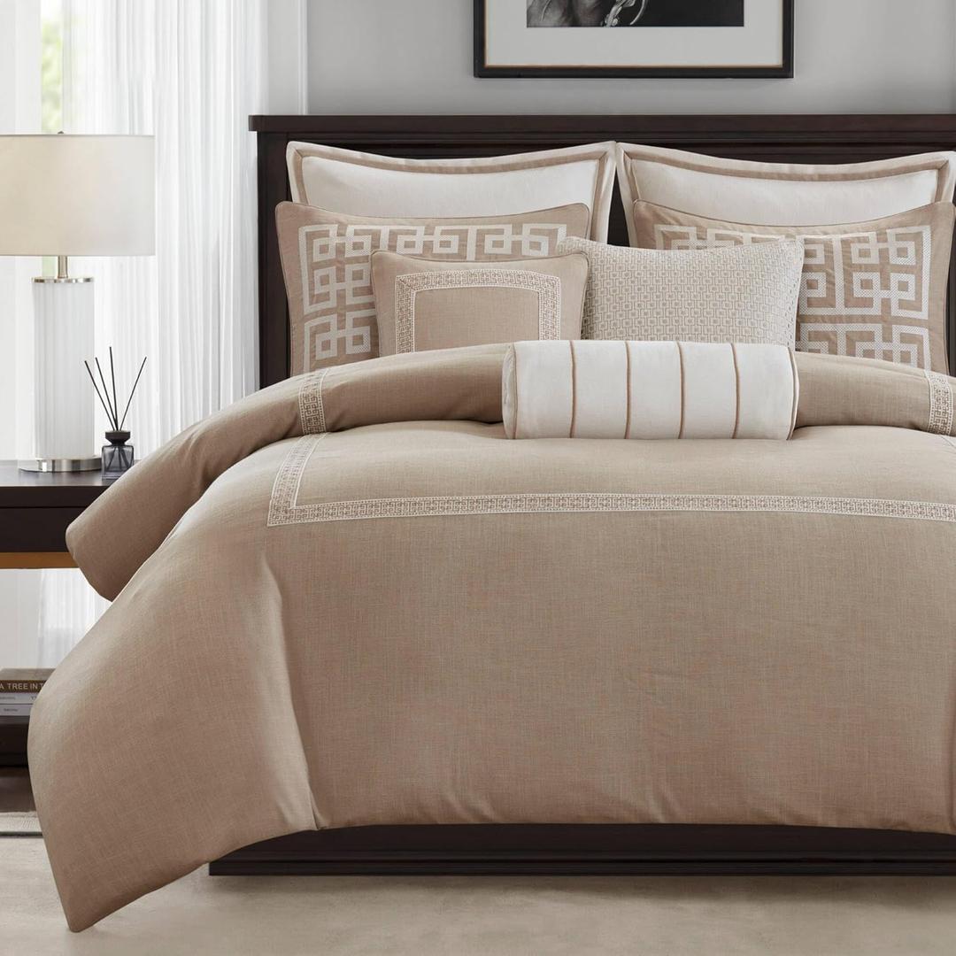 Madison Park Signature Oversized King Comforter Set, Luxury Hotel Style Bedding with Embroidered Details, All Season Down Alternative Comforter, Matching Shams & Decorative Pillows, Taupe, 9 Piece