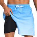 SILKWORLD Mens Swimming Trunks with Boxer Brief Liner Quick Dry Stretch Bathing Suit Swim Shorts with Zipper Pockets,Blue Gradient,XX-Large