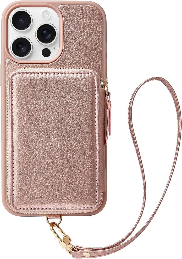 ZVE Wallet Case for iPhone 16 Pro Max, Phone Cover with Card Holder Wrist Strap, RFID Blocking Zipper Leather Cover for iPhone 16 Pro Max, 6.9" -Rose Gold