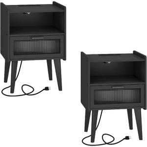 Nightstand with Charging Station, Bedside Tables Set of 2, End Table Side Table with 2 Tiers Storage Space, for Bedroom, Living Room, Black MLBZ07BEV-2