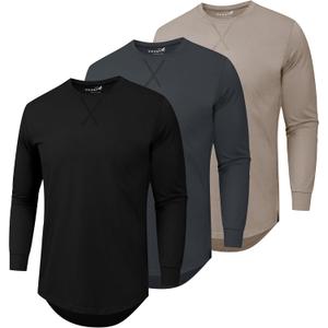Mens 3 Pack Plain Cotton Shirts Short Sleeve Casual Crew Neck T-Shirts Hipster Hip Hop Longline Tees Drop Cut Curved Hem (XXXL)