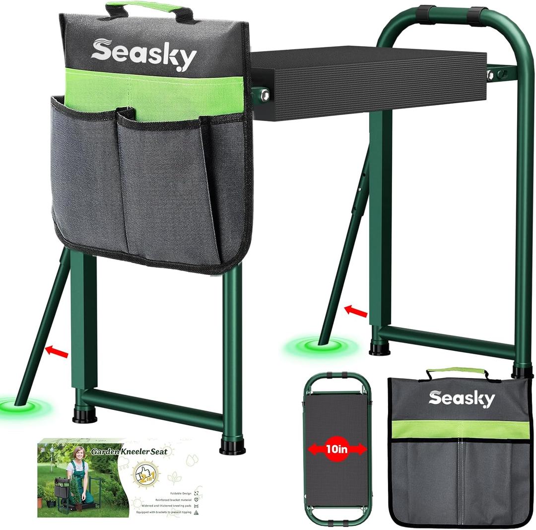 seasky Foldable Garden Kneeler and Seat, Anti-Tipping Gardening Bench Widened Thick Soft Kneeling Pad, Heavy Duty Gardening Stool with Tool Bag,Gardening Gift for Women (Dark Green)