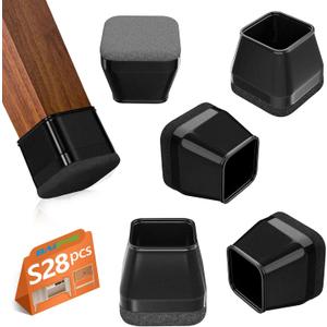 28Pcs Square Chair Leg Floor Protectors with Wrapped Felt Bottom, Silicone Chair Leg Protectors for Hardwood Floors, Chair Legs Cover Prevents Scratches & Reduce Noise (Black S Fit 0.87"-1.10")