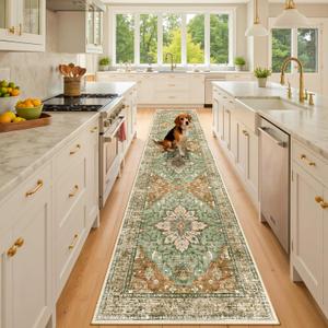 Area Rugs 2'x10' Washable Non-Slip, Floral Vintage Distress Print Pattern Medallion Carpet for Living Room Bedroom Dining Room, Brick Red Rust Neutral Brown Burnt Orange Green