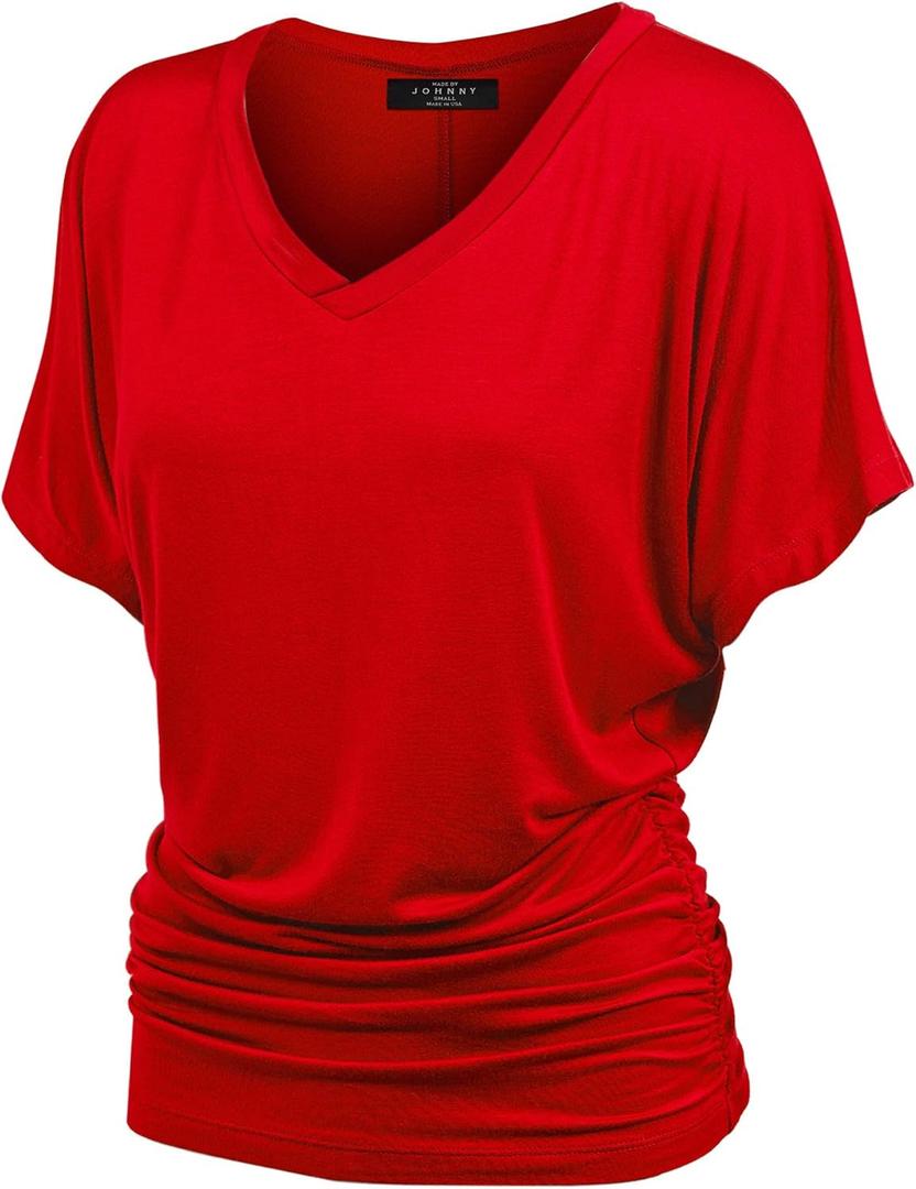 Made By Johnny Womens Short Sleeve Dolman Tunic Top  Soft Stretch Knit with Side Shirring  Casual or Work Blouse (Medium, Wt1037_red)