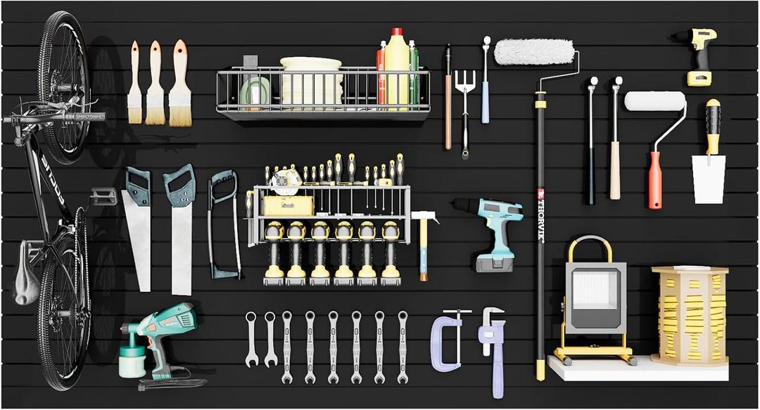 Slatwall Panel Wall Storage Systems, 4x8 ft | Slat Wall Paneling Garage Wall Organizer with Six Hooks, Heavy Duty Wall Mounted PVC Wall Rack, Black