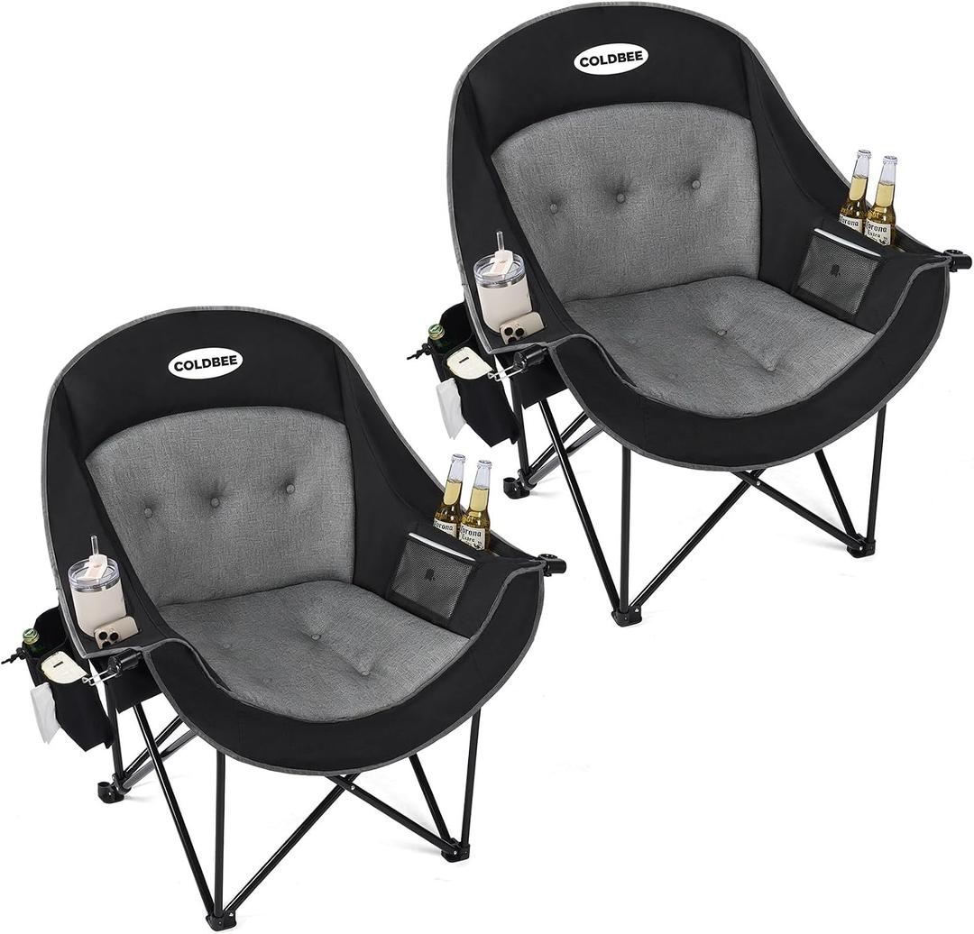 Coldbee 2PCS Oversized Camping Chairs for Adults - Heavy Duty Padded Folding Lawn Chairs with Cup Holders & Cooler Bag, Comfy Outdoor Chair for Picnic, Beach, Fishing (Black)