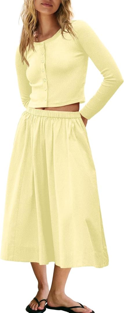 Panadila Womens 2 Piece Lounge Sets Matching Vacation Outfits Ribbed Button Down Cardigan and Elastic Waist Skirt Sets (X-Large, Light Yellow)