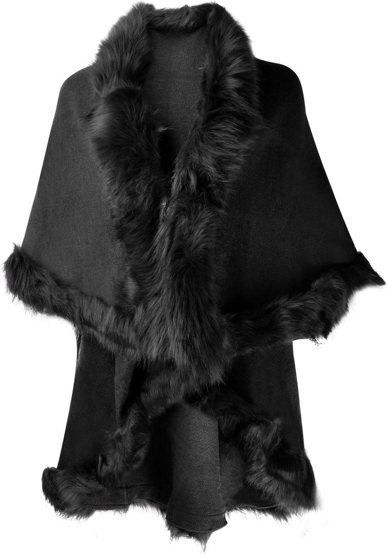 ZLYC Women Fine Knit Open Front Faux Fur Trim Layers Poncho Cape Cardigan Sweater (One Size, Black 2)