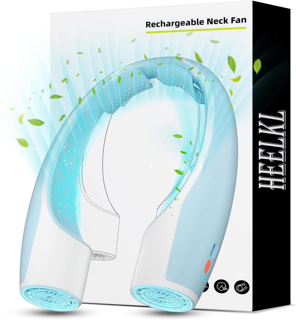Heelkl AI Neck Fan, 4 Speeds Adjustable Portable Personal Fan Rechargeable, 4000 mAh Battery Faster Cooling Wearable Fan, Ultra Quiet for Home, Office, Travel, Outdoor - White Blue