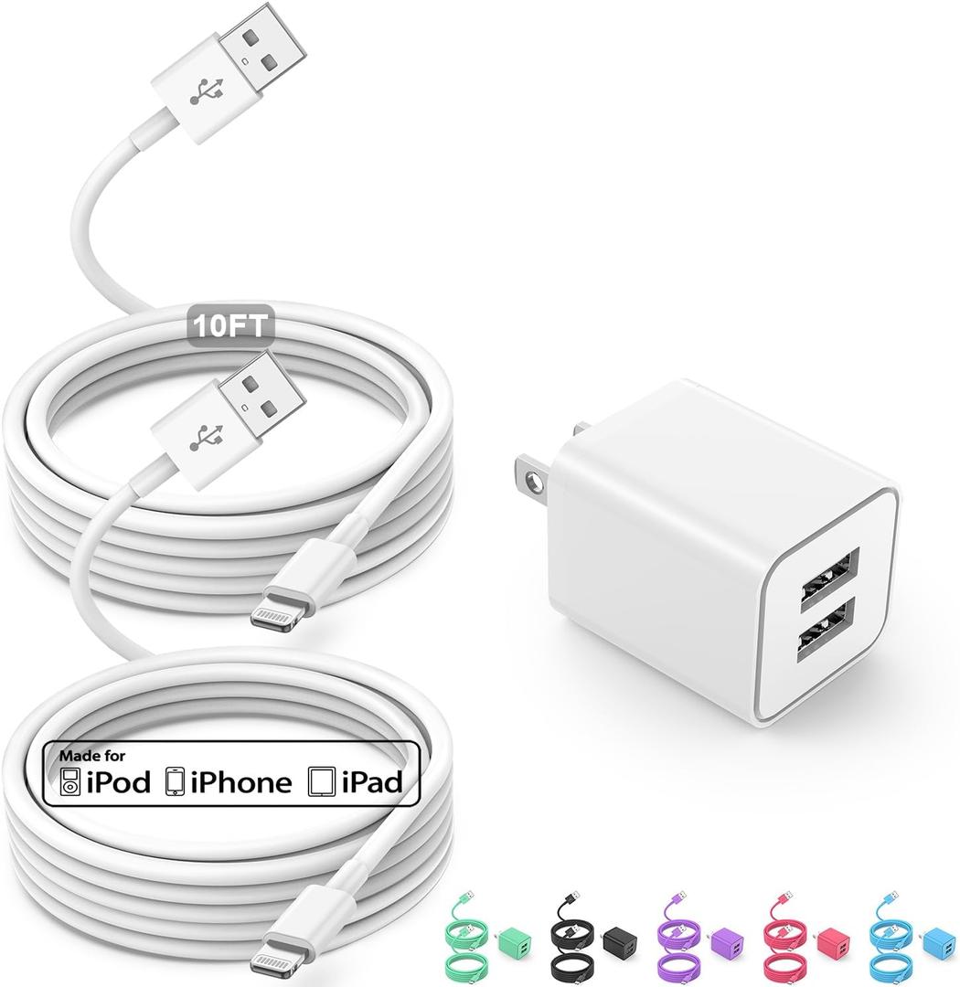 USB Wall Charger and Lightning Cable,[Apple MFi Certified] iPhone Charger with Lightning Cord,2 Ports Charging Plug Block Box for iPhone 12/11/XR/X/Xs/Xr/8/7/6/6s Plus/SE/5c/iPad-10FT-White