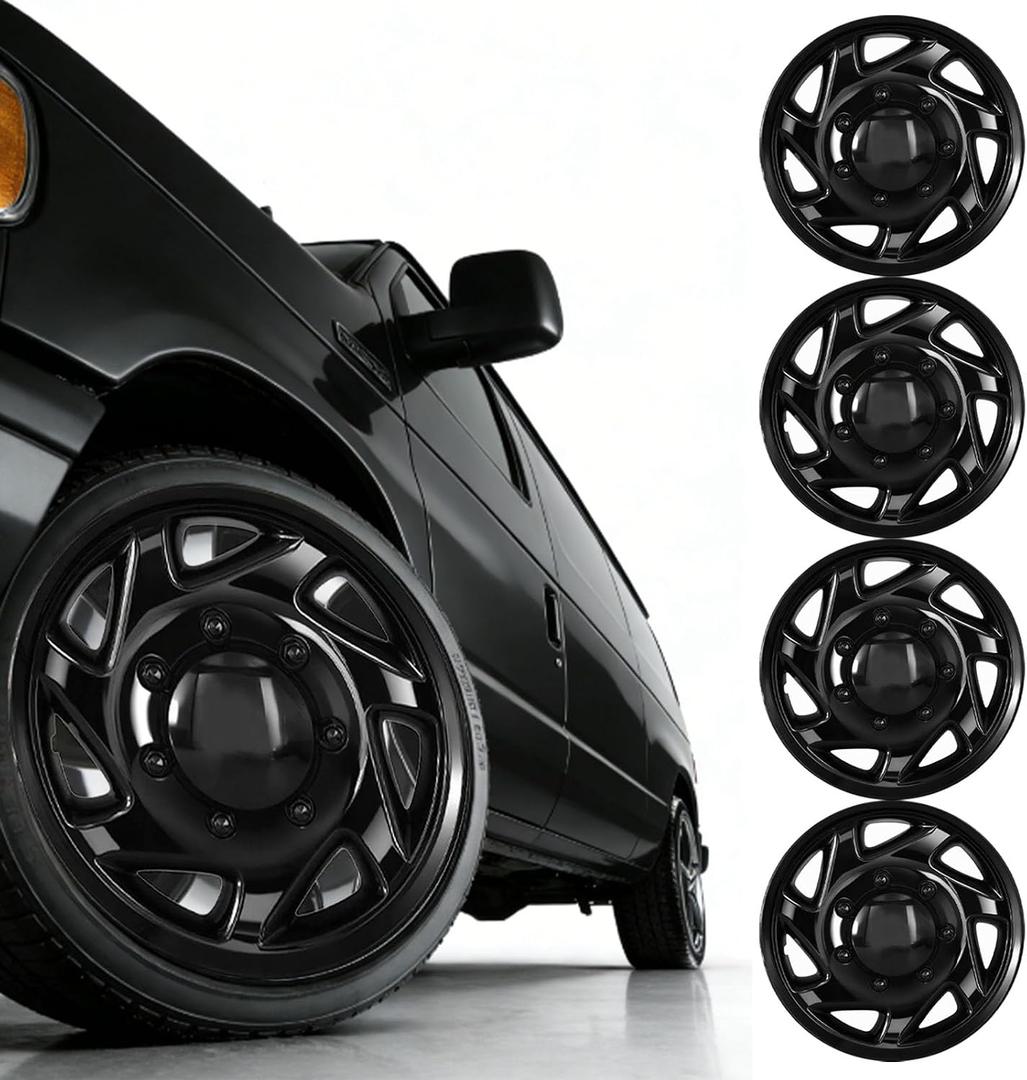 F8UZ-1130-AA Hubcaps Compatible with 1998-2023 Ford Econoline Van E-150 E-250 E-350 E-450 16 inch Wheel Cover Replace F7UZ-1130-AA F8UA-1130-AA F7UA-1130-AA, Set of 4 Packs (Black)