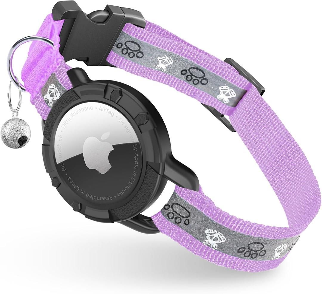 Reflective AirTag Cat Collar, Integrated Cat Tracker Collar with Air Tag Holder and Bell, Safety Elastic Band Cat GPS Collars for Girl Boy Cats, Kittens and Puppies (Lilac,S) 