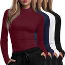 4 Pack Women's Long Sleeve Underscrub Shirt Mock Neck Slim Fit Tops Lightweight Thermal Base Layer Scrubs Undershirts (Medium, Black, White, Navy Blue, Wine Red)