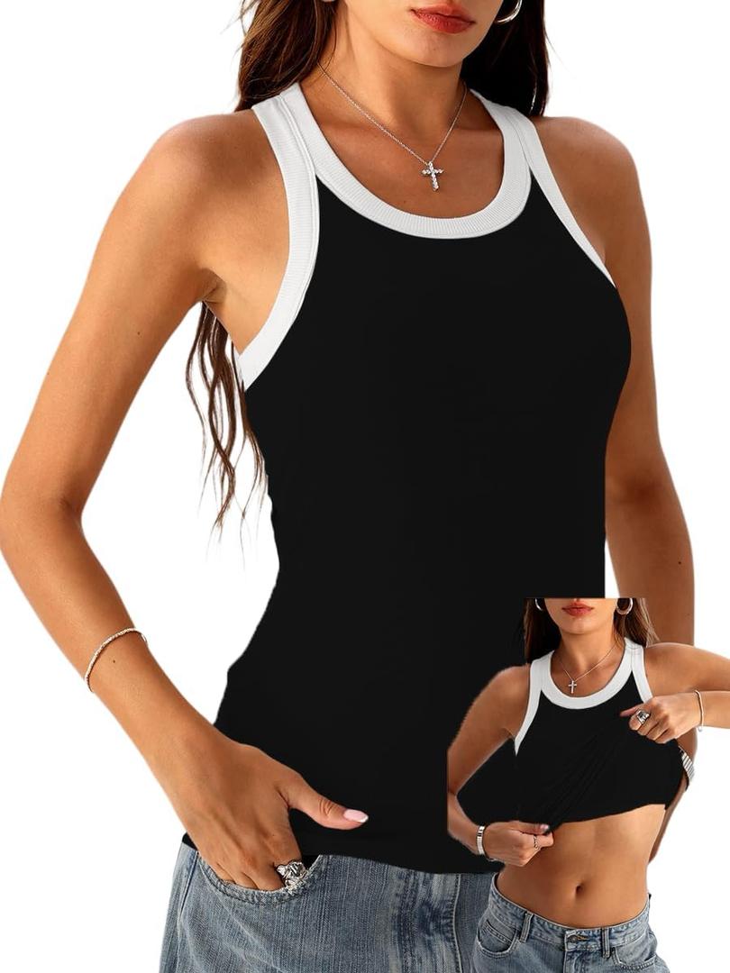 Danysu Racerback Tank Tops with Built in Bra for Women High Neck Ribbed Basics Fitted Long Bra Tanks (Black, M)