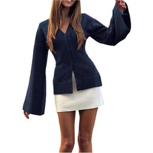 MakeMeChic Women's Y2K Long Bell Sleeve Cardigans Sweater V Neck Button Down Open Front Knit Fall Clothes, L