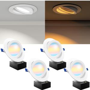 Sunco 6 Inch Gimbal LED Recessed Light, Eyeball Directional Canless Downlight with Night Light, 1400 Lumens, Selectable CCT 2700K/ 3000K/ 4000K/ 5000K/ 6000K, Dimmable, 12W=80W ETL 4 Pack