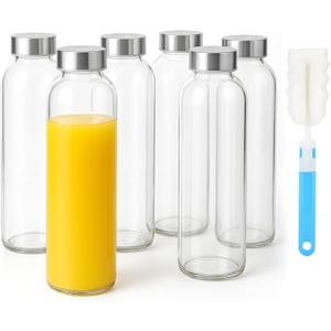 Sursip 24oz Glass Water Bottle Set of 6, Leak Proof Clear glass juice bottle for juicing, Reusable Drinking Bottles with Stainless Steel Lid, Beverage Storage Containers for Refrigerator-BPA Free