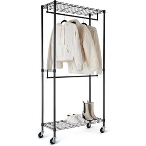 Amazon Basics Adjustable Double Rod Rolling Garment Rack, Hanging Clothes Closet Organizer with Wheels, Heavy Duty, 36" x 14" x 72", Black