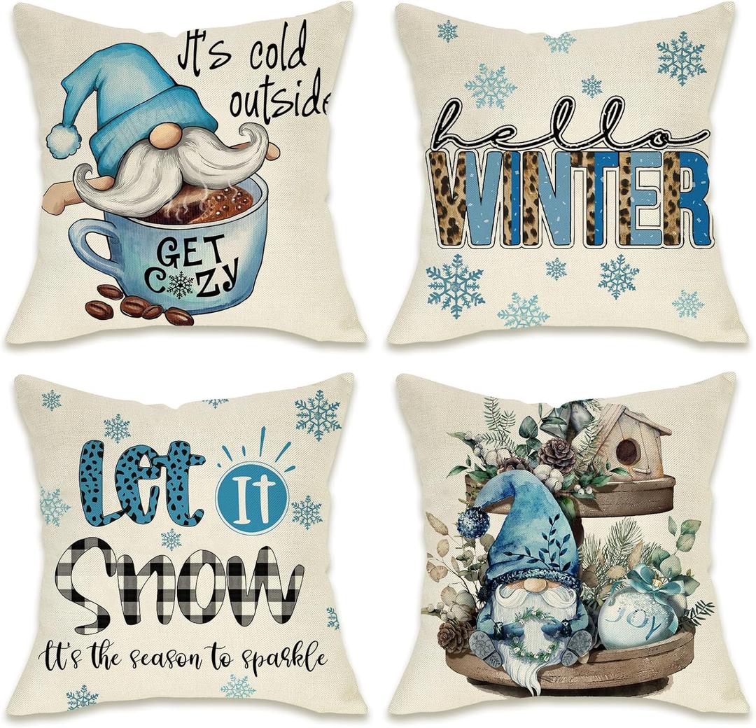 Fahrendom Hello Winter Blue Gnome Decorative Pillow Cover 18 x 18 Set of 4, It's Cold Outside Snowflakes Coffee Let It Snow Farmhouse Pillowcases, Christmas Buffalo Plaid Wooden Tiered Tray Decors