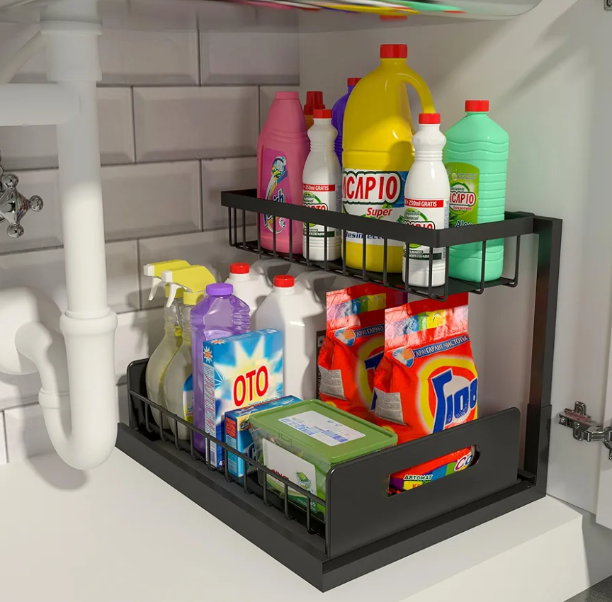 REALINN Under Sink Organizer, Pull Out Cabinet Storage 2 Tier Slide Out Sink Shelf, Kitchen Organizers and Storage, Black, 1 Pack