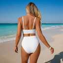 ZAFUL Women's Ruffle Bikini Sets High Waisted Striped V Neck High Cut Swimsuit Two Piece Bathing Suits (White, L)