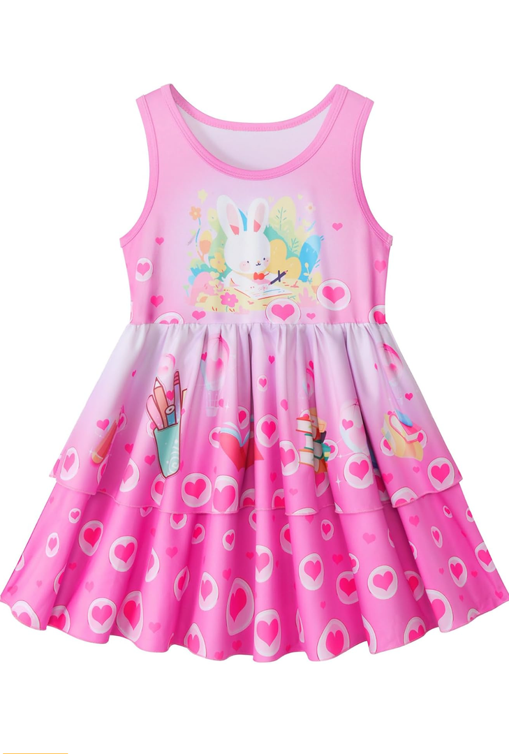 LQSZ Girls Dress Easter Cartoon Summer Vest Sleeveless Tutu Princess Casual Dresses for Kids 2-12 Years