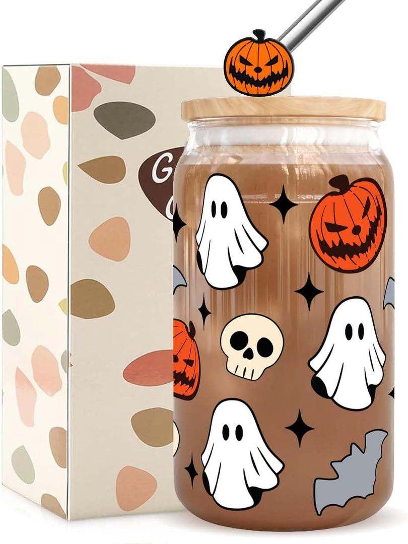 Halloween Gifts for Women Halloween Pumpkin Ghost Iced Coffee Cup Gift for Women Men Kids Teen Adults Spooky Pumpkin Glass Tumbler 16oz Glass Tumbler with Lid and Straw