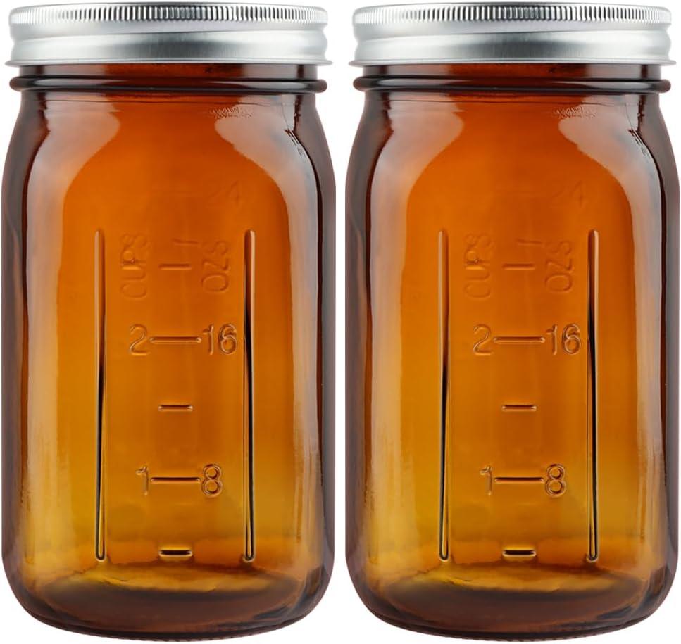CARBLIN 2 Pack Mason Jars 32 oz, Amber Wide Mouth Canning Jars with Airtight Lids, Glass Pint Jars with Bands Labels Brush, Large Storage Quart Jars for Jam Fermenting Preserving