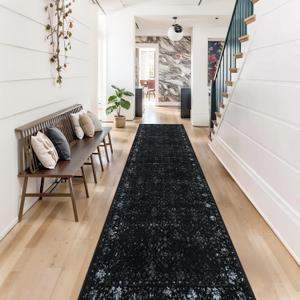 Vintage Black Rug Runners for Hallways Non Slip, 2.6x10 Washable Long Runner Rug for Entryway, Ultra-Thin Soft Runner Carpet for Kitchen Bedroom Bathroom (2'6"x10', Black)